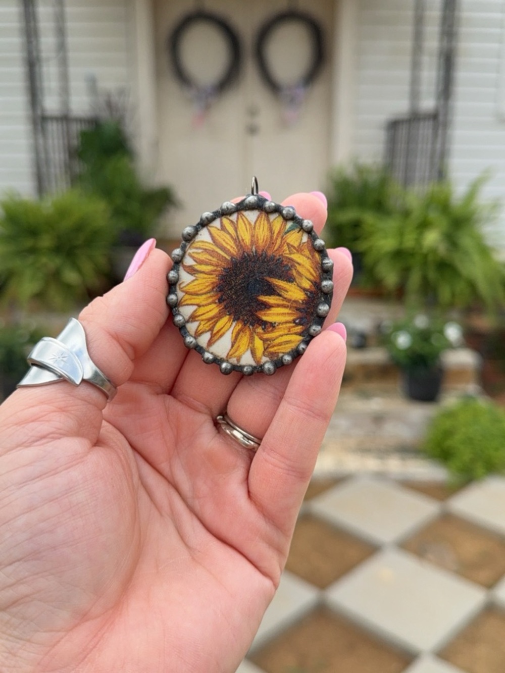 Sunflower Round Pendant Necklace - Yellow Brown Floral
